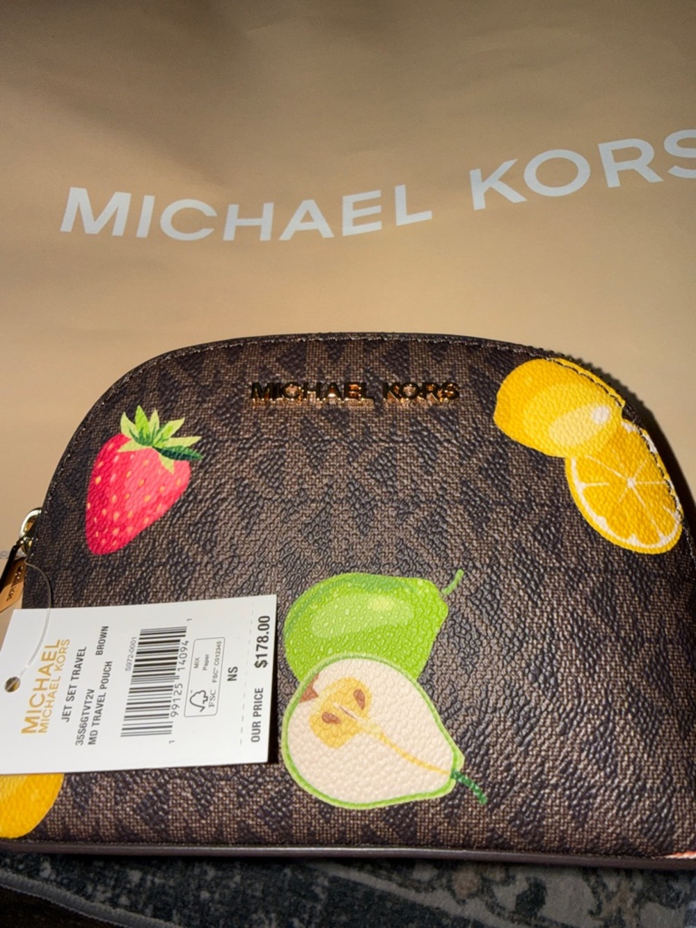 Michael Kors Brown jet set travel, pouch  with Fruit Motif